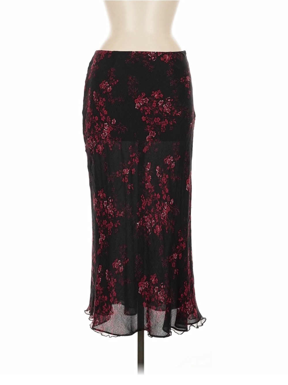 Sheer Black Maxi Skirt with Burgundy Floral Embroidery 100% Silk